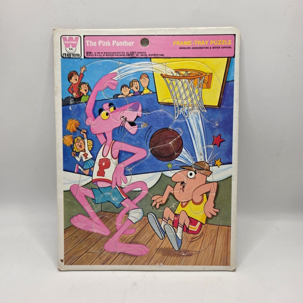 Whitman Frame-Tray Puzzle Kids Pink Panther Basketball 1976 Vintage Retro Toy